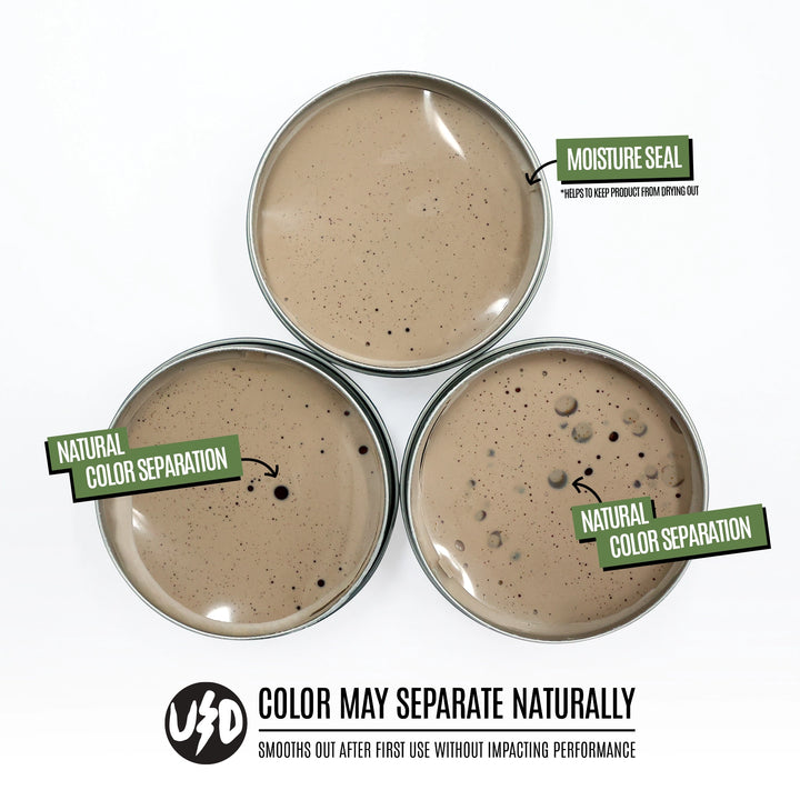 Three Matte Pomade tins are arranged in a triangle on a white background, each with a green label pointing to it. Text at the bottom reads 'COLOR MAY SEPARATE NATURALLY' with a UD logo.