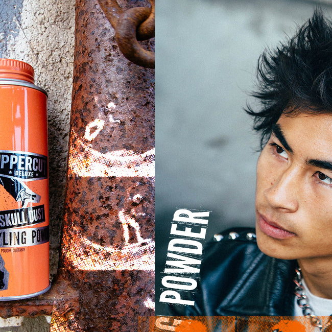 Collage of pictures featuring Skull Dust Styling Powder and Shaw Collins skateboarding